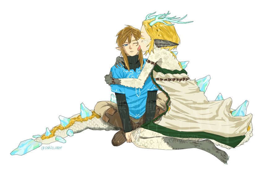 1boy 1girl alternate_form blonde_hair bracelet braid champion's_tunic_(zelda) crown_braid dragon_girl dragon_horns dragon_tail dress highres horns hug jewelry light_dragon_(zelda) link oshio_0809 pointy_ears princess_zelda scales short_hair short_hair_with_long_locks simple_background sitting spines tail the_legend_of_zelda the_legend_of_zelda:_tears_of_the_kingdom very_long_tail