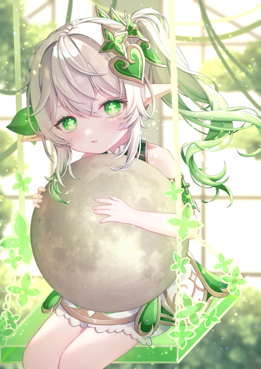 1girl absurdres bangs bloomers braid colored_tips commentary cross-shaped_pupils detached_sleeves dress feet_out_of_frame female_child genshin_impact gold_trim gradient_hair green_eyes green_hair green_sleeves hair_ornament highres holding leaf_hair_ornament long_hair looking_at_viewer mochi_mochi052 moon multicolored_hair nahida_(genshin_impact) parted_lips pointy_ears side_braid side_ponytail sitting solo swing symbol-shaped_pupils underwear white_bloomers white_dress white_hair
