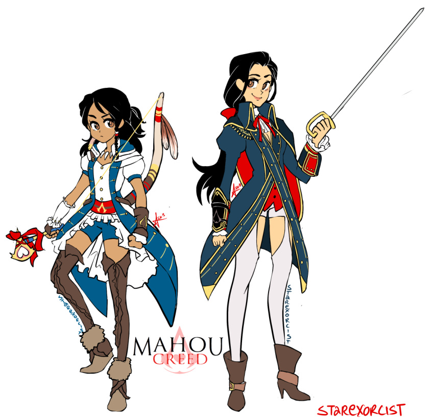2013 artist_name ashley_swaby assassin's_creed_iii black_hair boots breasts brown_eyes cleavage clenched_hand commentary connor_kenway copyright_name dark_skin dated genderswap hair_ribbon haytham_kenway high_heels jewelry logo long_hair magical_girl necklace parody ribbon signature simple_background smile tagme thigh-highs thigh_boots tomahawk white_background