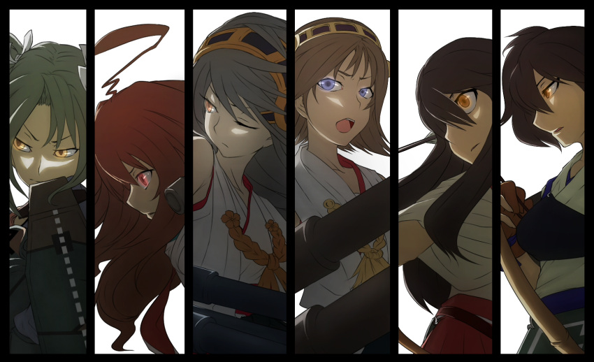 6+girls ahoge akagi_(kantai_collection) armor arrow black_hair blue_eyes bow_(weapon) brown_eyes brown_hair column_lineup gakushimaya gloves glowing glowing_eyes hair_ribbon hairband haruna_(kantai_collection) hiei_(kantai_collection) highres japanese_clothes kaga_(kantai_collection) kantai_collection kuma_(kantai_collection) machinery multiple_girls muneate open_mouth personification ponytail red_eyes ribbon side_ponytail turret twintails weapon wink yellow_eyes zuikaku_(kantai_collection)