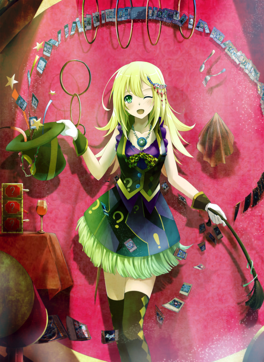 1girl ;d absurdres blonde_hair card collarbone cup dark_magician_girl duel_monster fork green_eyes hair_ornament hat highres jewelry kyaro_(kyaro54) magic_trick magician necklace open_mouth pentagram ring smile solo spoon thigh-highs wine_glass wink wrist_cuffs yuu-gi-ou