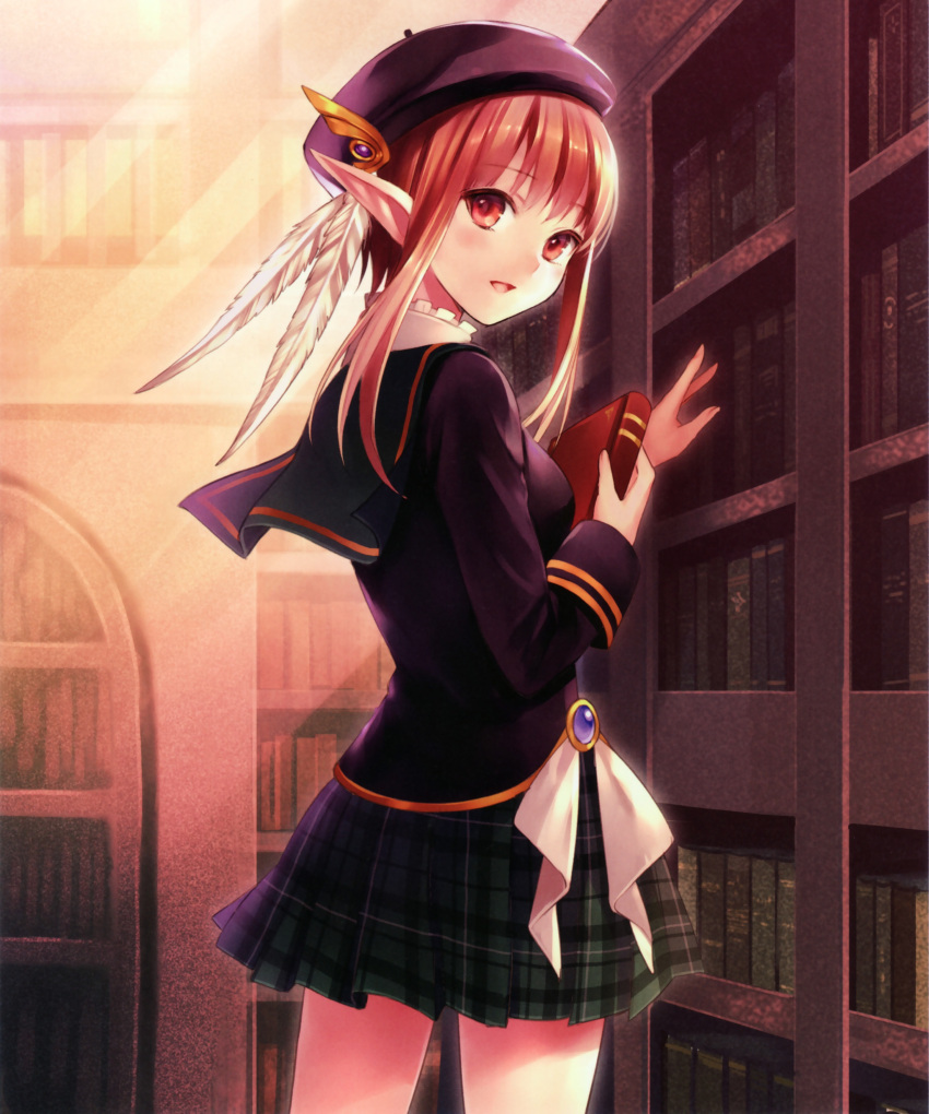 1girl absurdres book brown_eyes brown_hair character_request copyright_request elf feathers fukahire_sanba hair_ornament hat highres looking_at_viewer looking_back open_mouth plaid plaid_skirt pleated_skirt pointy_ears school_uniform short_hair skirt smile solo