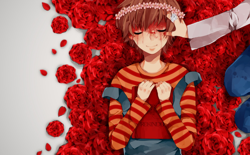 2boys blood blood_on_face bloody_tears book closed_eyes crown death flower hand_on_head highres jewelry lying mizuoka_yuuichi multiple_boys re:kinder red_rose ring rose seriko_(seo77000) shirt shunsuke_(re:kinder) spoilers striped striped_shirt