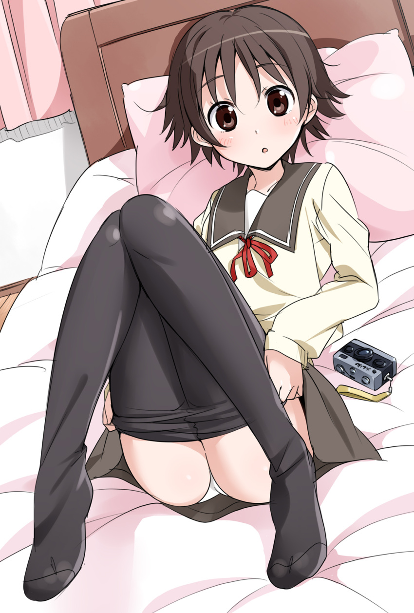 1girl bed blush brown_eyes brown_hair camera curtains highres looking_at_viewer mousou_(mousou_temporary) open_mouth pantyhose pillow ribbon sawatari_fuu school_uniform short_hair solo tamayura underwear