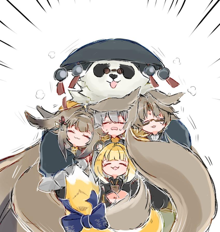 2girls 3boys :3 animal_ear_fluff animal_ears az79709363 bare_shoulders behind_another black_fur black_shirt blonde_hair blush bow bracelet brown_hair brown_tail china_dress chinese_clothes closed_eyes closed_mouth clover clover_hair_ornament commentary_request crossed_bangs dress droopy_ears emphasis_lines facial_mark fat fluffy_tail forehead_mark furry furry_male glasses grey_hair hair_between_eyes hair_ornament hairband highres hug jewelry ju_fufu long_hair motion_lines multicolored_fur multiple_boys multiple_girls official_alternate_costume open_mouth orange_fur pan_yinhu panda_boy panda_ears round_eyewear shirt short_hair simple_background smile spiked_bracelet spikes striped_fur striped_hair sweat sweatdrop tail tail_bow tail_ornament tiger_ears tiger_girl tiger_stripes tiger_tail upper_body very_long_hair very_long_tail white_background white_fur white_hairband wise_(soaring_crane)_(zenless_zone_zero) wise_(zenless_zone_zero) wok ye_shiyuan ye_shunguang zenless_zone_zero