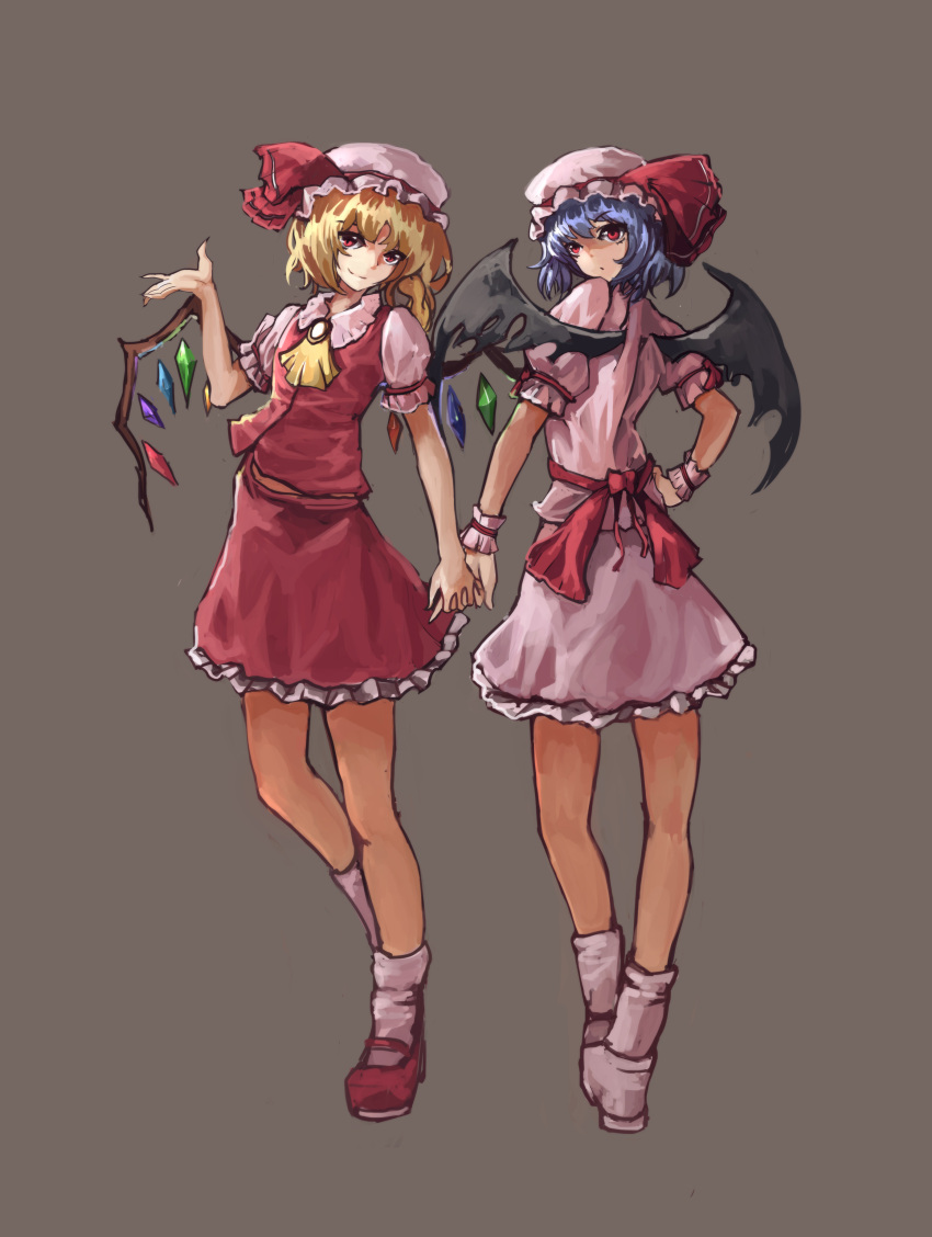 2girls absurdres ankle_socks arm_up ascot bat_wings blonde_hair blue_hair brooch dan_2013 flandre_scarlet from_behind grey_background hand_on_hip hat hat_ribbon head_tilt highres holding_hands interlocked_fingers jewelry looking_at_viewer looking_over_shoulder mary_janes mob_cap multiple_girls open_hand red_eyes remilia_scarlet ribbon shoes short_hair short_sleeves siblings side_ponytail simple_background sisters skirt skirt_set smile touhou wings wrist_cuffs