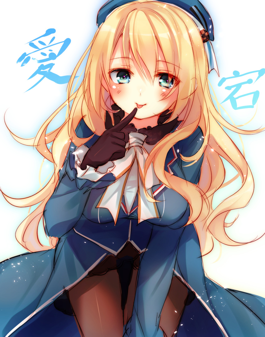 1girl atago_(kantai_collection) black_gloves blonde_hair blue_eyes blush breasts gloves hat highres index_finger_raised kantai_collection large_breasts long_hair looking_at_viewer military military_uniform pantyhose personification smile solo toosaka_asagi uniform wink