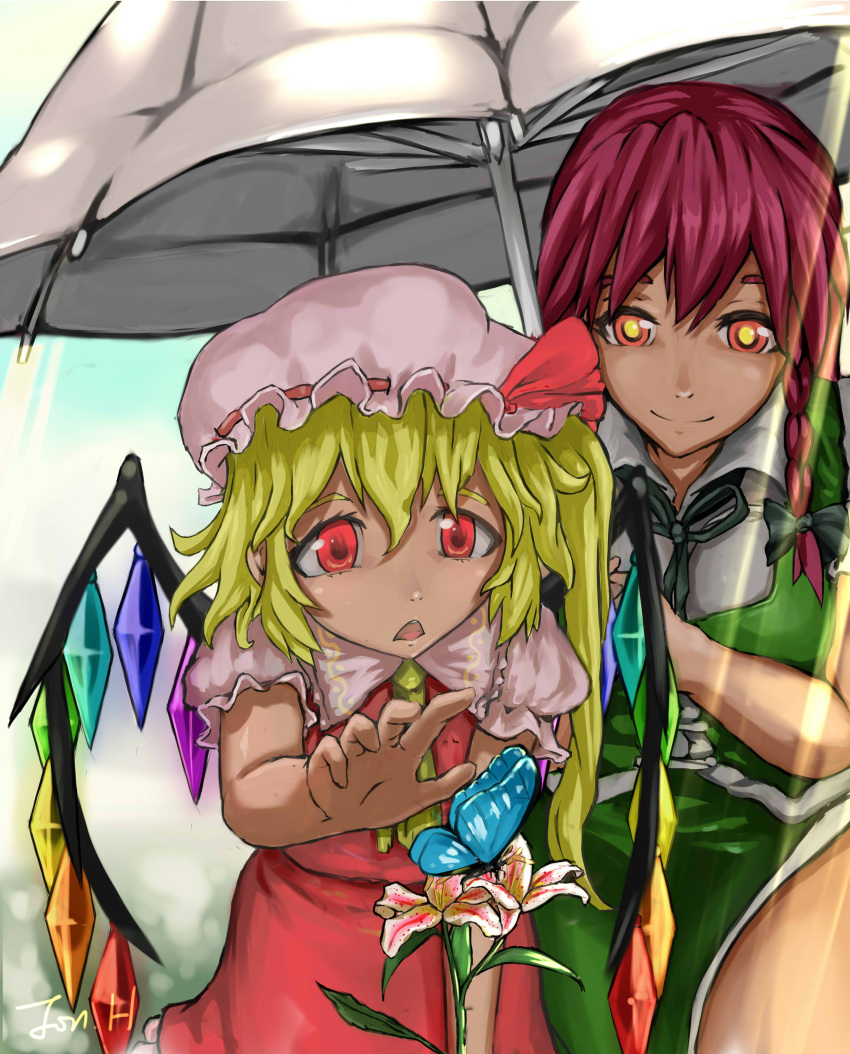 2girls :&lt; absurdres blonde_hair braid butterfly flandre_scarlet flower hat hat_ribbon highres hong_meiling jonathanh lily_(flower) multiple_girls outstretched_hand parasol red_eyes redhead ribbon side_braid signature touhou umbrella wings
