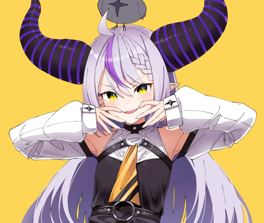 1girl absurdres ahoge animal_on_head armpits blush breasts detached_sleeves highres hololive horns jacket jacket_removed la+_darknesss long_hair looking_at_viewer murakami_ryouga on_head pointy_ears portrait silver_hair small_breasts solo virtual_youtuber yellow_background yellow_eyes