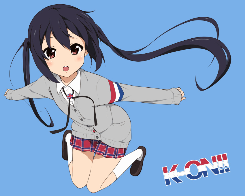 1girl black_hair blush brown_eyes buttons cardigan dress_shirt highres k-on! k-on!_movie mousou_(mousou_temporary) nakano_azusa official_style outstretched_arms shirt shoes skirt smile socks solo twintails union_jack