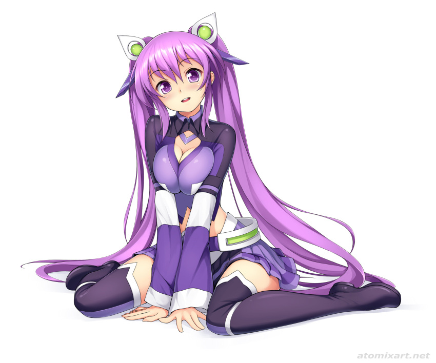 1girl atomix black_legwear breasts character_request cleavage highres long_hair looking_at_viewer open_mouth purple_hair simple_background sitting smile solo thighhighs v_arms violet_eyes wariza white_background
