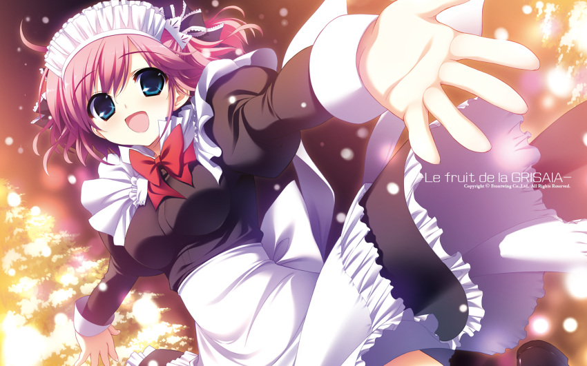 1girl blue_eyes blush frills fumio_(ura_fmo) grisaia_no_kajitsu highres komine_sachi maid maid_headdress open_mouth pine_tree pink_hair red_ribbon ribbon smile snow snowing solo tree watermark