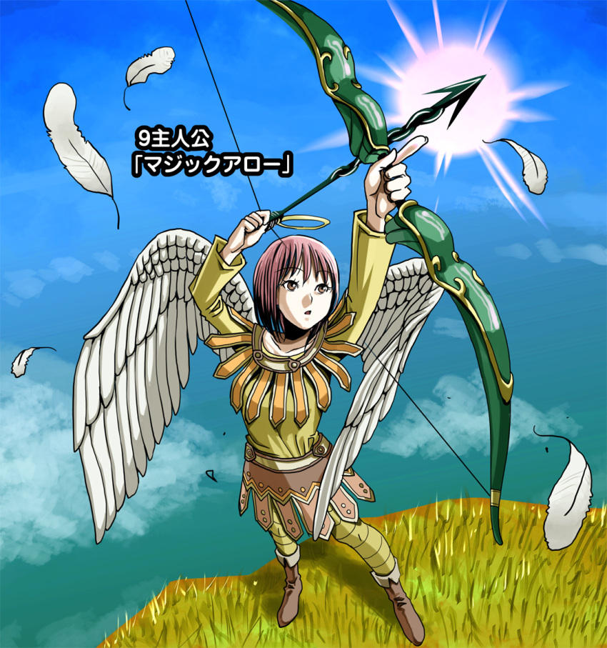 1girl arrow bow_(weapon) dragon_quest halo highres pao_(otomogohan) pink_eyes pink_hair short_hair solo weapon wings