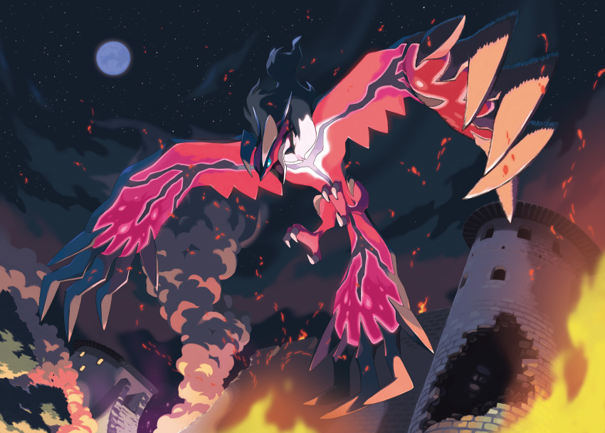 absurdres blue_eyes building claws damaged fire flying full_moon highres horns monster moon night no_humans official_art oomura_yuusuke pokemon pokemon_(creature) pokemon_(game) pokemon_xy smoke solo star_(sky) tail tree wings yveltal