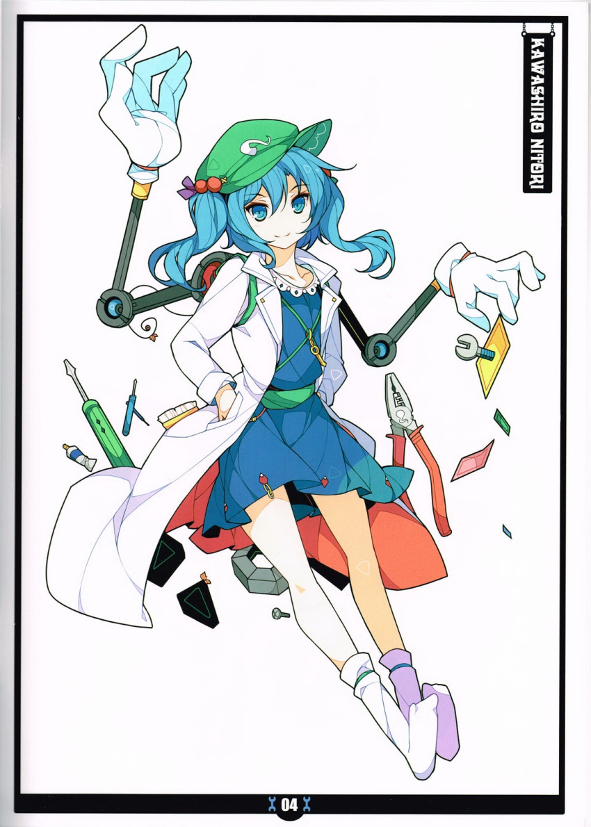 1girl blue_eyes blue_hair character_name coat dress hair_bobbles hair_ornament hands_in_pockets hat highres ideolo kawashiro_nitori key looking_at_viewer mechanical_arm scan screw screwdriver short_hair smile socks solo tools touhou twintails white_background
