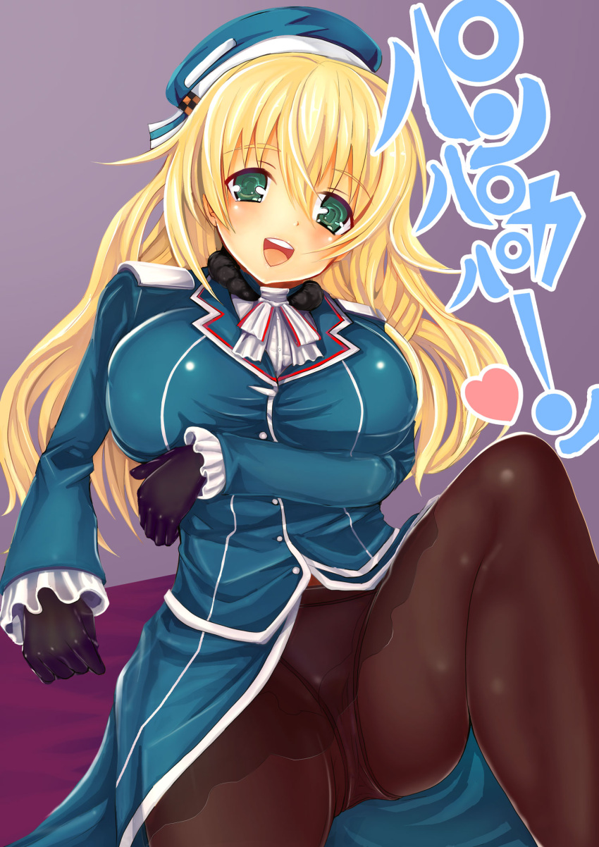 1girl atago_(kantai_collection) black_gloves blonde_hair blush breasts gloves green_eyes hat heart highres kantai_collection large_breasts long_hair military military_uniform open_mouth panties panties_under_pantyhose pantyhose personification smile solo teruru text underwear uniform