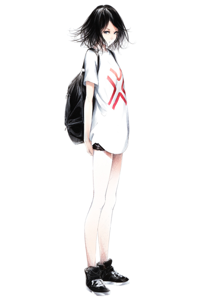 1girl backpack bag black_hair blue_eyes eyelashes frown highres sawasawa shoes short_hair short_shorts shorts simple_background sneakers standing t-shirt white_background