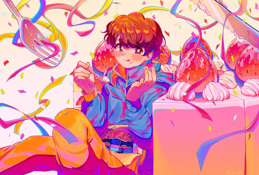 +_+ 1boy blue_hoodie cake commentary_request confetti eating food food_on_face fork fruit henshin_belt_gavv highres holding holding_fork hood hoodie inoue_shouma kamen_rider kamen_rider_gavv_(series) korean_commentary male_focus max_(2n4_6h8) orange_pants pants short_hair sitting solo stomach_mouth strawberry tokusatsu violet_eyes white_background yellow_trim