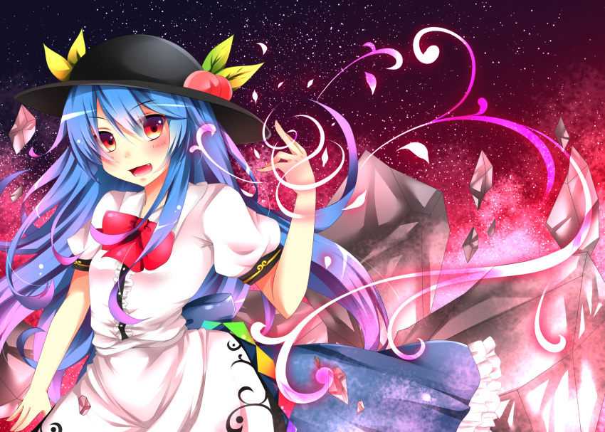 1girl blue_hair blush food fruit hat highres hinanawi_tenshi long_hair looking_at_viewer open_mouth peach red_eyes sisterakuma sky smile solo star_(sky) starry_sky touhou