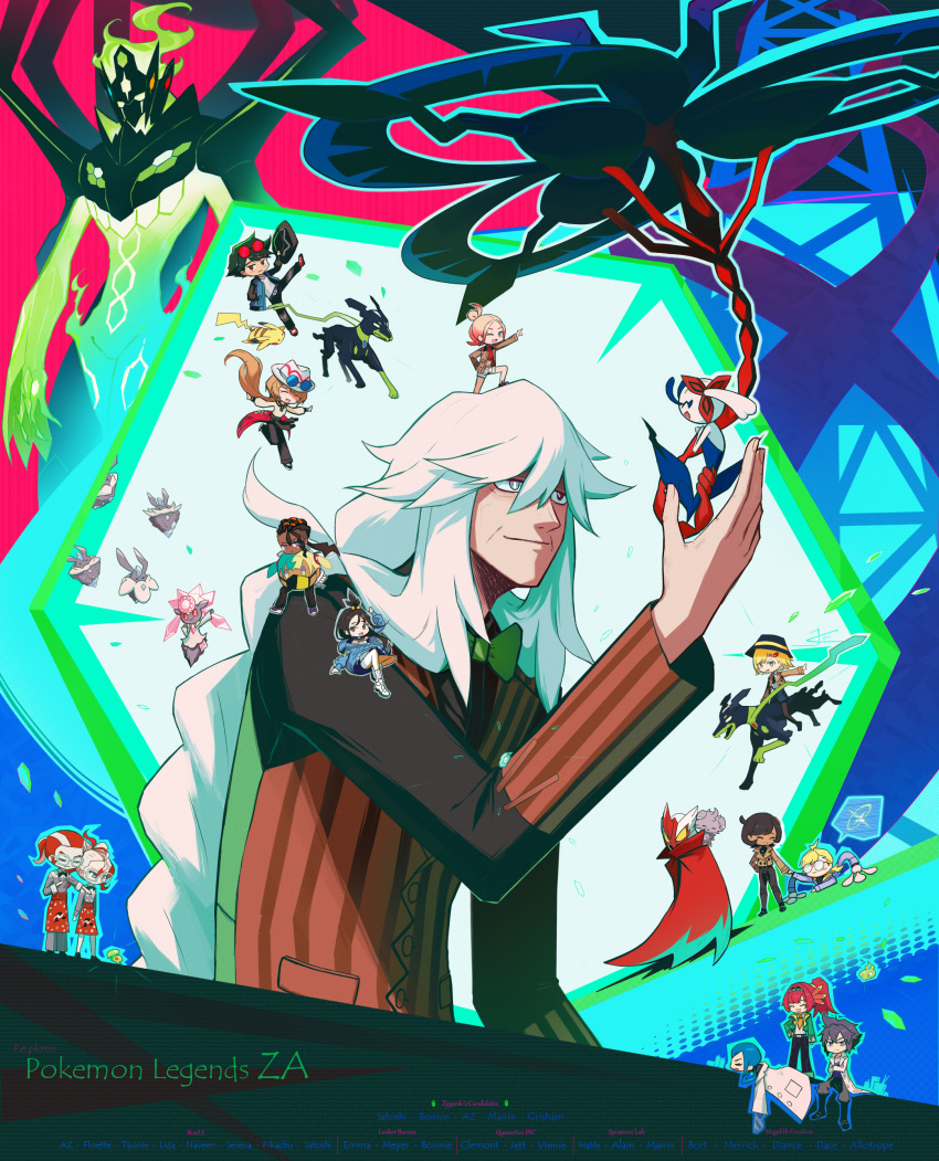 6+boys 6+girls absurdres alain_(pokemon) ash_ketchum az_(pokemon) blaziken_mask bow bowtie bright_pupils brown_vest canari_plush_(pokemon) carbink clemont_(pokemon) closed_mouth copyright_name diancie emma_(pokemon) floette floette_(eternal) green_bow green_bowtie griselle_(pokemon) grisham_(pokemon) hair_between_eyes hand_up highres jcstr lida_(pokemon) long_hair long_sleeves mable_(pokemon) mairin_(pokemon) mixed-language_commentary multiple_boys multiple_girls naveen_(pokemon) pikachu pokemon pokemon_(anime) pokemon_(creature) pokemon_legends:_z-a pokemon_xy_(anime) serena_(pokemon) shirt smile stitches taunie_(pokemon) vest white_hair white_pupils zygarde zygarde_(10) zygarde_(complete) zygarde_cell