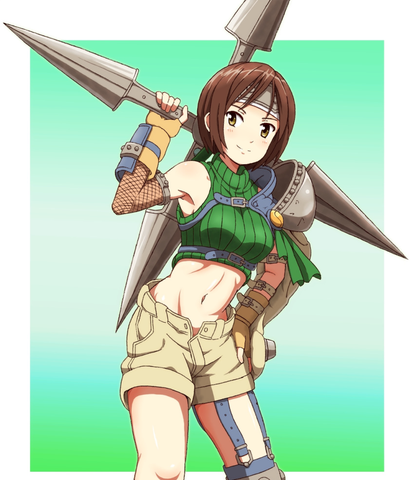 1girl armor brown_eyes brown_hair crop_top detached_sleeves final_fantasy final_fantasy_vii fingerless_gloves fishnets forehead_protector gloves hand_on_hip highres huge_weapon midriff mismatched_legwear navel ninja over_shoulder pauldrons short_hair shorts shuriken single_sleeve sleeveless sleeveless_turtleneck small_breasts smile solo turtleneck vambraces weapon weapon_over_shoulder you_(maumauyo) yuffie_kisaragi