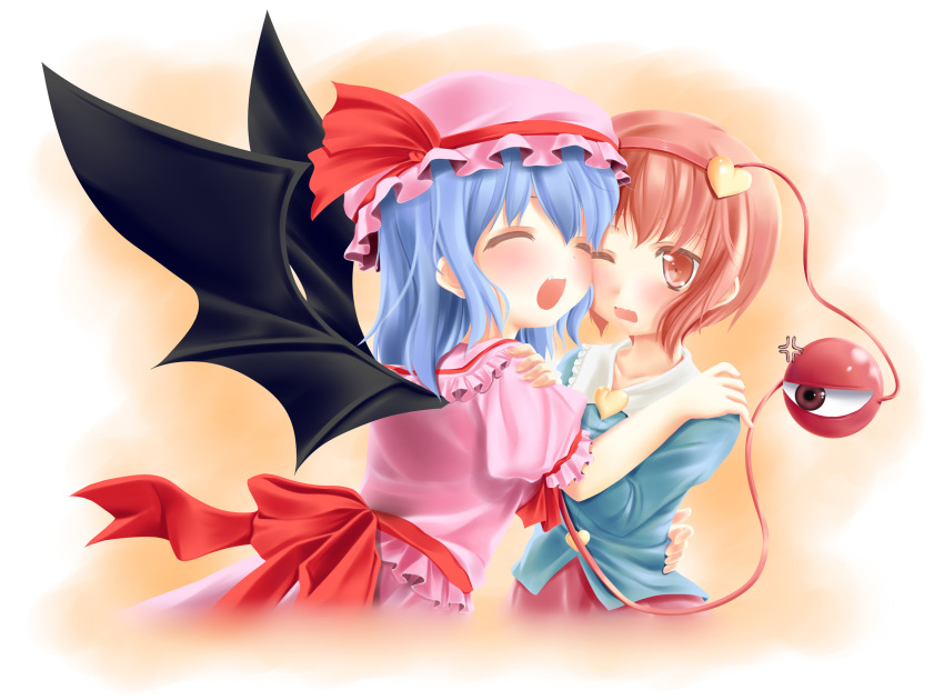 2girls anger_vein arm_around_waist bat_wings blouse blue_hair bow cheek-to-cheek closed_eyes fang gradient gradient_background hand_on_another's_shoulder hat hat_ribbon headband heart highres hug ifnil komeiji_satori long_sleeves looking_at_another mob_cap multiple_girls open_mouth pink_eyes pink_hair puffy_short_sleeves puffy_sleeves remilia_scarlet ribbon short_hair short_sleeves simple_background skirt skirt_set third_eye touhou wavy_mouth wings wink