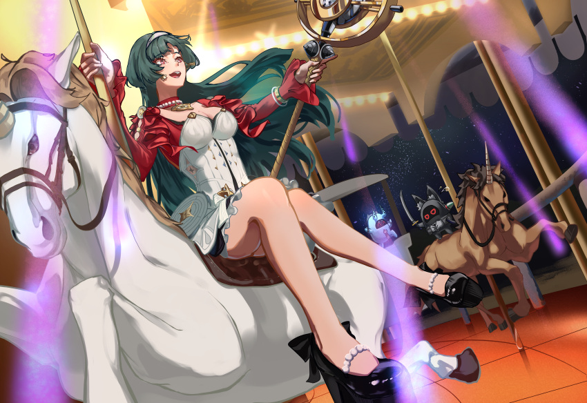 1girl absurdres amusement_park animal animal_ear_fluff animal_ears astra_yao bangboo_(zenless_zone_zero) belt black_belt black_hair black_shoes blue_horns blue_oni blue_skin breasts brown_horse carousel colored_skin dress earrings fox_ears fox_girl hairband harukimatsui_25 highres holding holding_sword holding_weapon horns horse hoshimi_miyabi jewelry katana long_hair miyaboo_(zenless_zone_zero) multicolored_horns multiple_girls necklace night night_sky oni open_mouth pearl_necklace red_eyes red_shrug shoes shrug_(clothing) skirt sky smile soukaboo_(zenless_zone_zero) soukaku_(zenless_zone_zero) star_(sky) starry_sky sword uneven_bangs unicorn weapon white_dress white_hairband white_horse white_skirt zenless_zone_zero