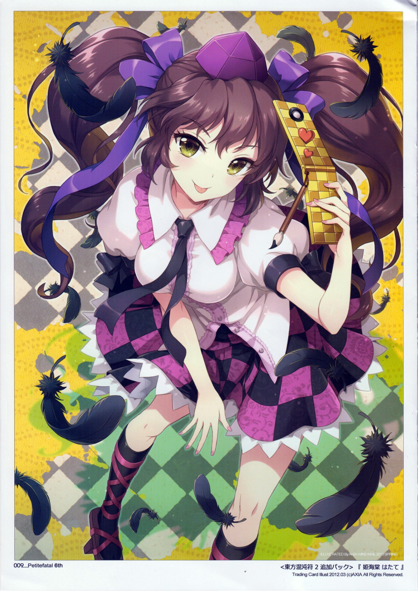 1girl :p absurdres an2a black_legwear breasts brown_hair cellphone checkered checkered_skirt green_eyes hat highres himekaidou_hatate japanese_clothes large_breasts long_hair necktie phone pointy_ears puffy_sleeves ribbon sandals scan shirt short_sleeves skirt smile socks solo tokin_hat tongue tongue_out touhou traditional_clothes twintails
