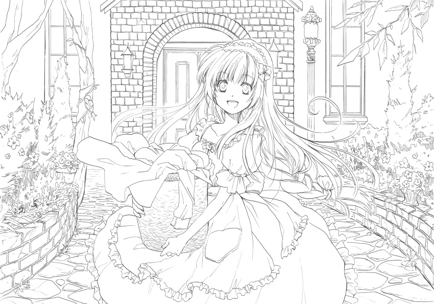 1girl dress highres lineart long_hair looking_at_viewer monochrome niwa_toriko open_mouth original smile solo very_long_hair