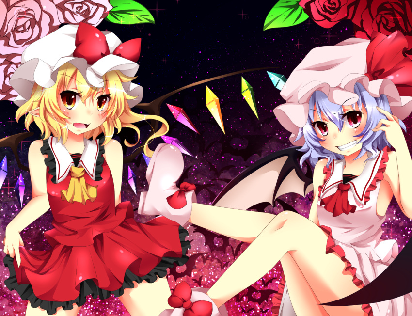 1girl ascot bat_wings blonde_hair blush flandre_scarlet grin hat looking_at_viewer open_mouth pointy_ears remilia_scarlet sisterakuma smile touhou wings