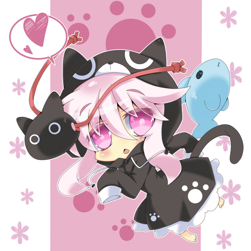 1girl alternate_costume animal_hood black_dress bow cat_hood cat_mask cat_tail chestnut_mouth dress expressionless face_mask hata_no_kokoro heart highres hood long_hair long_sleeves looking_at_viewer mask milkpanda nightgown open_mouth oversized_clothes pajamas paw_print pink_eyes pink_hair solo spoken_heart stuffed_animal stuffed_fish stuffed_toy tail touhou very_long_hair