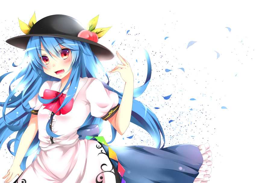 1girl blue_hair blush food fruit hat highres hinanawi_tenshi long_hair looking_at_viewer open_mouth peach red_eyes simple_background sisterakuma smile solo touhou white_background