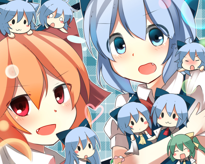 6+girls :3 ^_^ achi_cirno alternate_color alternate_element alternate_hairstyle animal_ears ascot blue_dress blue_eyes blue_hair blush blush_stickers bow cat_ears chibi cirno closed_eyes cosplay daiyousei detached_sleeves dress fang green_hair hair_bow hakurei_reimu hakurei_reimu_(cosplay) heart highres holding kemonomimi_mode lens_flare long_hair looking_at_viewer multiple_girls multiple_persona o_o odd_one_out open_mouth red_eyes redhead serio_(columns) short_hair side_ponytail touhou