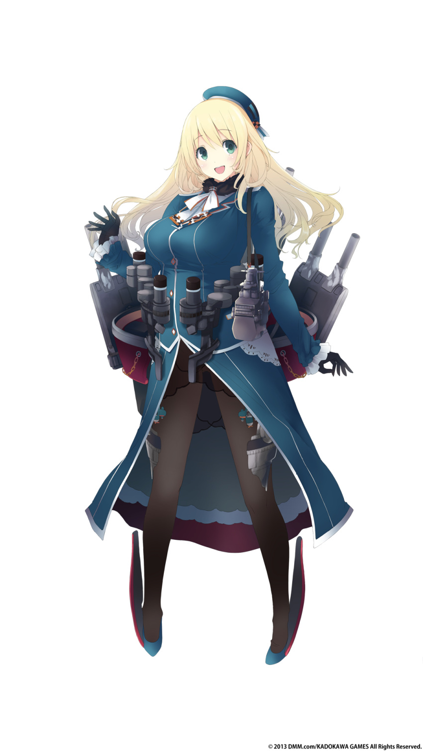 1girl :d atago_(kantai_collection) beret black_gloves black_legwear blonde_hair breasts cannon gloves green_eyes hat highres kantai_collection large_breasts long_hair mikoto_akemi official_art open_mouth pantyhose personification pigeon-toed smile solo transparent_background turret