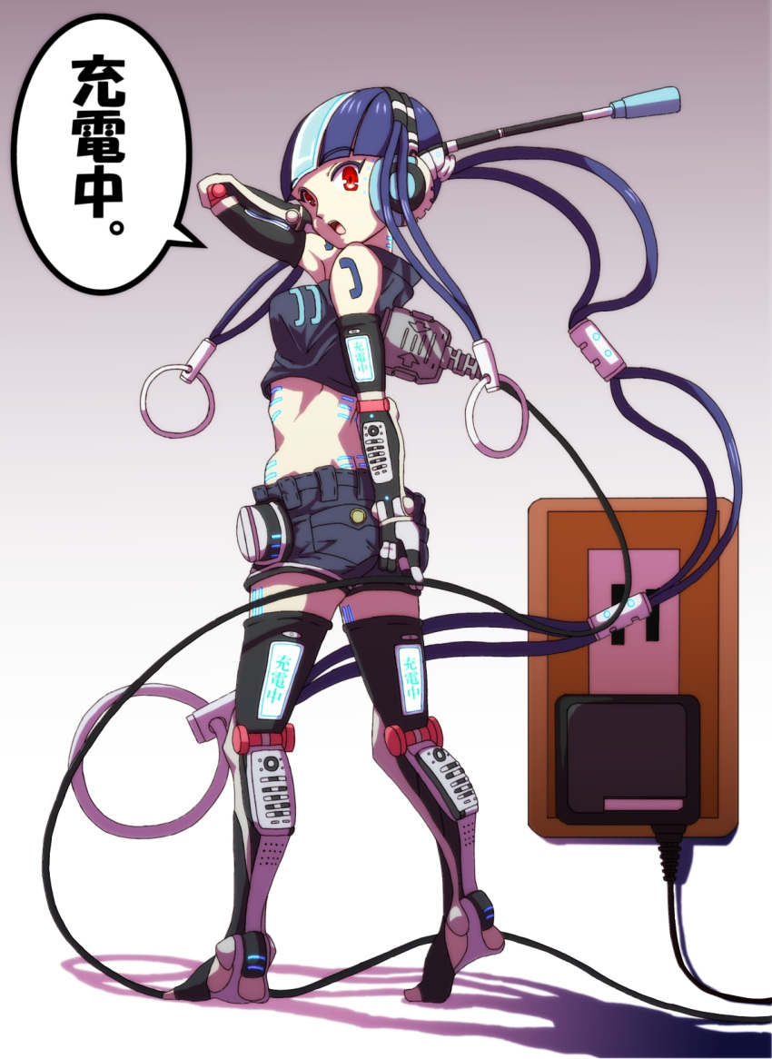 1girl blue_hair breasts cable cellphone cellphone_strap charging crop_top elbow_gloves gloves hair_ornament highres original personification phone power_supply red_eyes robot_ears robot_joints short_hair shorts solo speech_bubble tattoo thigh-highs translation_request you_(maumauyo)