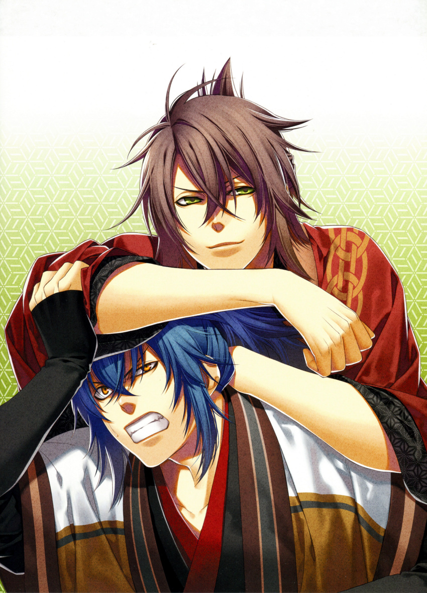 brown_hair green_eyes hakuouki_shinsengumi_kitan ibuki_ryuunosuke kazuki_yone okita_souji_(hakuouki)