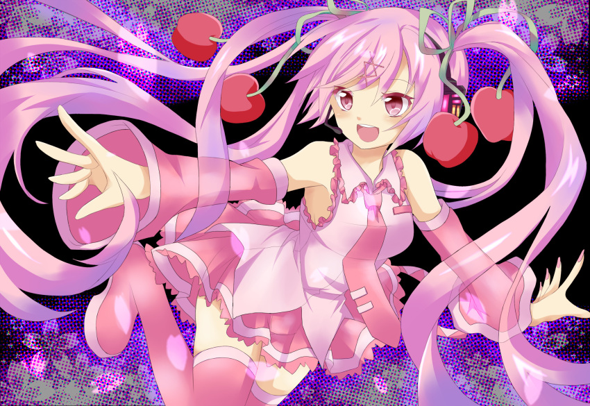 1girl breasts cherry colored detached_sleeves food fruit hatsune_miku highres jellylily long_hair necktie open_mouth pink_eyes pink_hair pink_legwear sakura_miku skirt smile solo thighhighs twintails very_long_hair vocaloid