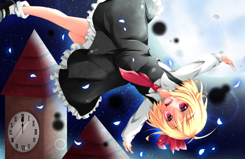 1girl blonde_hair blush clock clock_tower full_moon hair_ribbon highres looking_at_viewer moon night open_mouth outstretched_arms red_eyes ribbon rumia short_hair sisterakuma sky smile solo star_(sky) starry_sky touhou tower upside-down