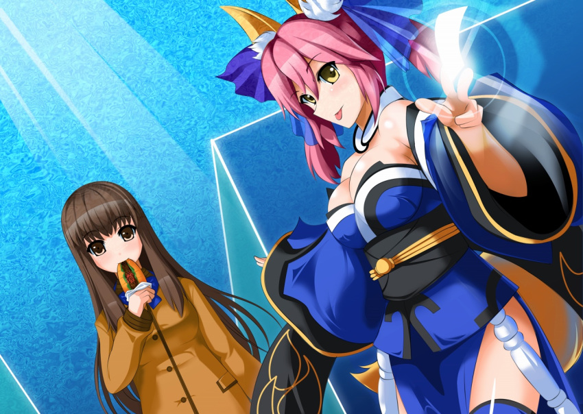 2girls :p animal_ears bare_shoulders blue_legwear bow breasts brown_eyes brown_hair caster_(fate/extra) cleavage coat detached_sleeves eating fate/extra fate_(series) fox_ears fox_tail hair_bow hair_ribbon japanese_clothes kishinami_hakuno_(female) long_hair multiple_girls ofuda pink_hair ribbon school_uniform smile tail thighhighs tongue twintails yakisobapan yakitori_(oni) yellow_eyes