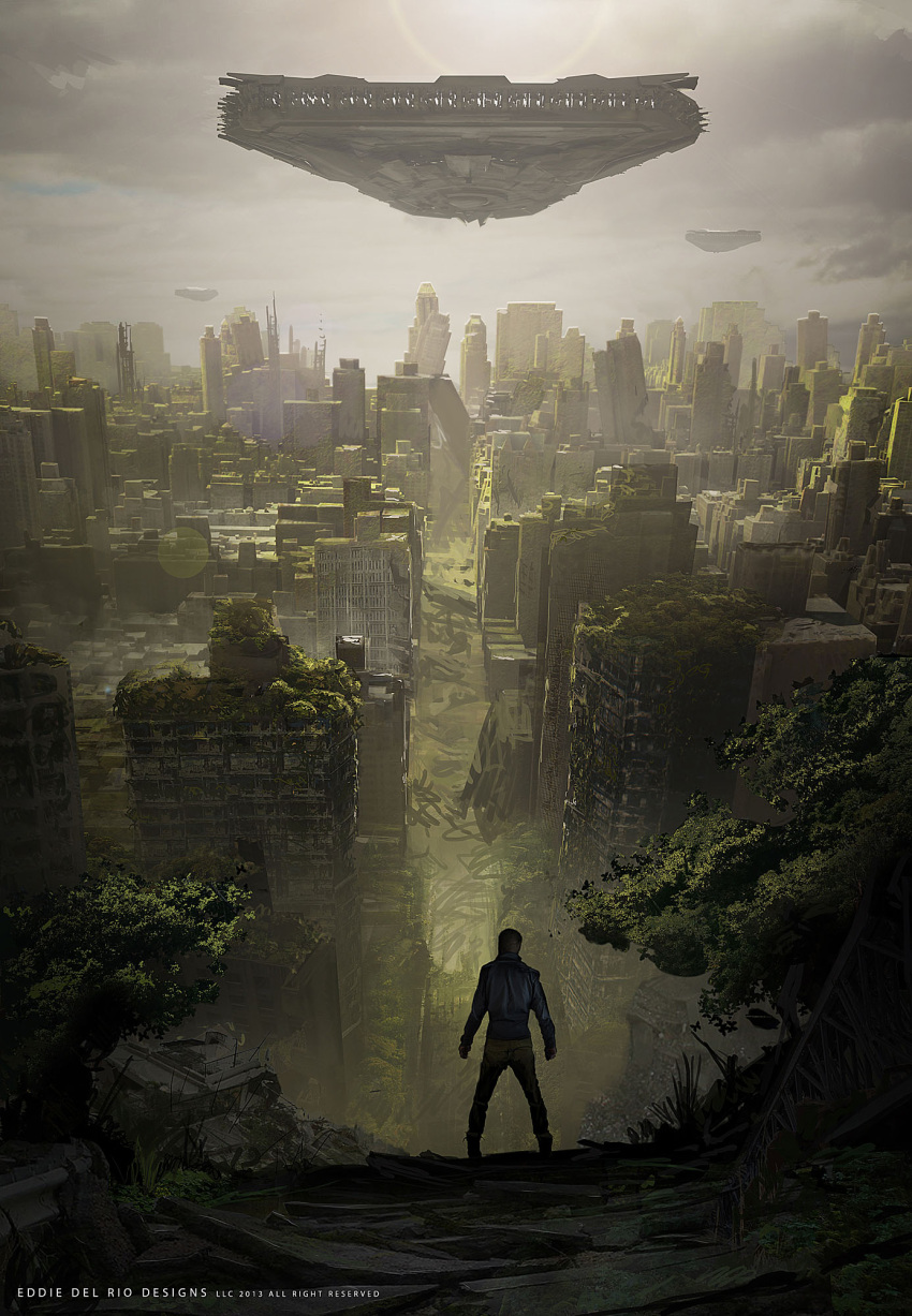 1boy boots building city cityscape cloudy_sky dilapidated edward_del_rio from_behind highres jacket original overgrown post-apocalypse realistic ruins scenery science_fiction silhouette skyscraper space_craft technology tree vanishing_point wide_stance