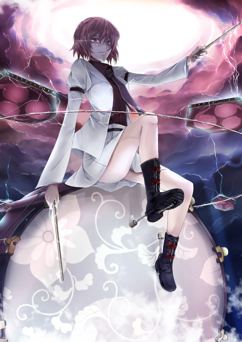 1girl boots drum drum_set drumsticks futami_kito highres horikawa_raiko instrument juliet_sleeves lightning long_sleeves looking_at_viewer necktie open_clothes open_jacket puffy_sleeves purple_hair shirt sitting_on_drum sitting_on_object skirt solo touhou violet_eyes