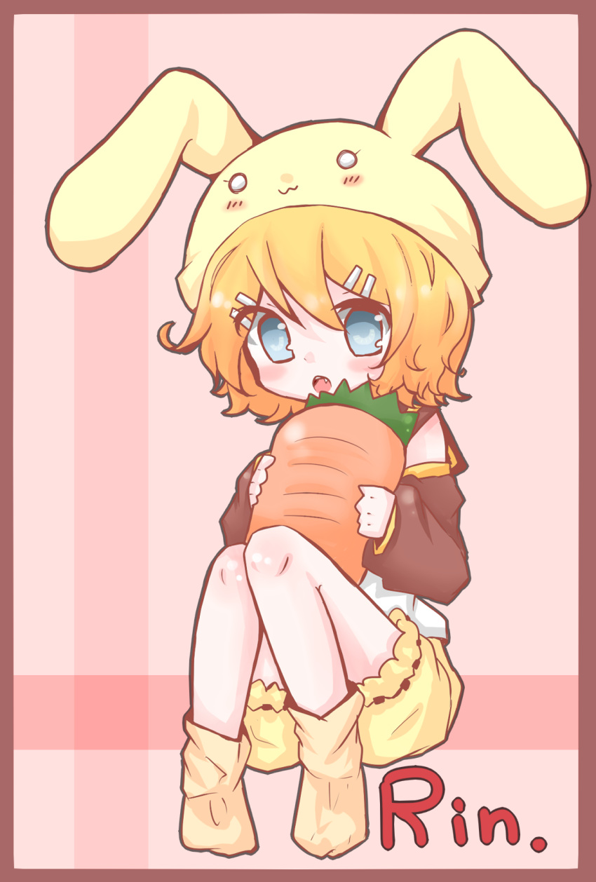 1girl animal_hat berry_(strawberry_6) blue_eyes blush_stickers bunny_hat carrot character_name colored hat highres kagamine_rin oversized_object solo vocaloid young