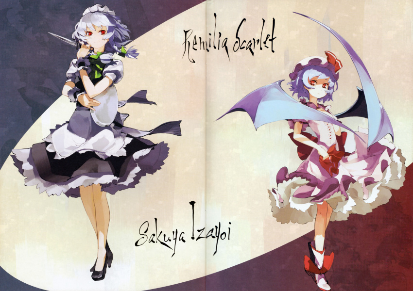2girls absurdres apron bat_wings blue_hair bow braid character_name dress grey_hair hair_bow hair_ornament hat hat_ribbon highres izayoi_sakuya knife looking_at_viewer maid_headdress mob_cap multiple_girls puffy_sleeves red_eyes remilia_scarlet ribbon scan shiho short_hair short_sleeves text touhou twin_braids wings