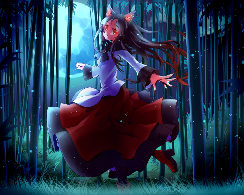 1girl :o animal_ears bamboo bamboo_forest boots brooch brown_hair fingernails fireflies forest frilled_sleeves full_moon grass head_tilt imaizumi_kagerou jewelry layered_dress long_fingernails long_hair long_sleeves looking_at_viewer moon myaaco nature open_hand outstretched_arm pantyhose red_eyes sharp_fingernails solo touhou wolf_ears