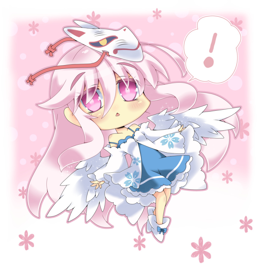 ! 1girl :&lt; angel_wings blue_dress chibi dress expressionless face_mask fox_mask gradient gradient_background hata_no_kokoro highres layered_dress long_sleeves mask milkpanda outstretched_arms pink_background pink_eyes pink_hair solo touhou white_dress wide_sleeves wings