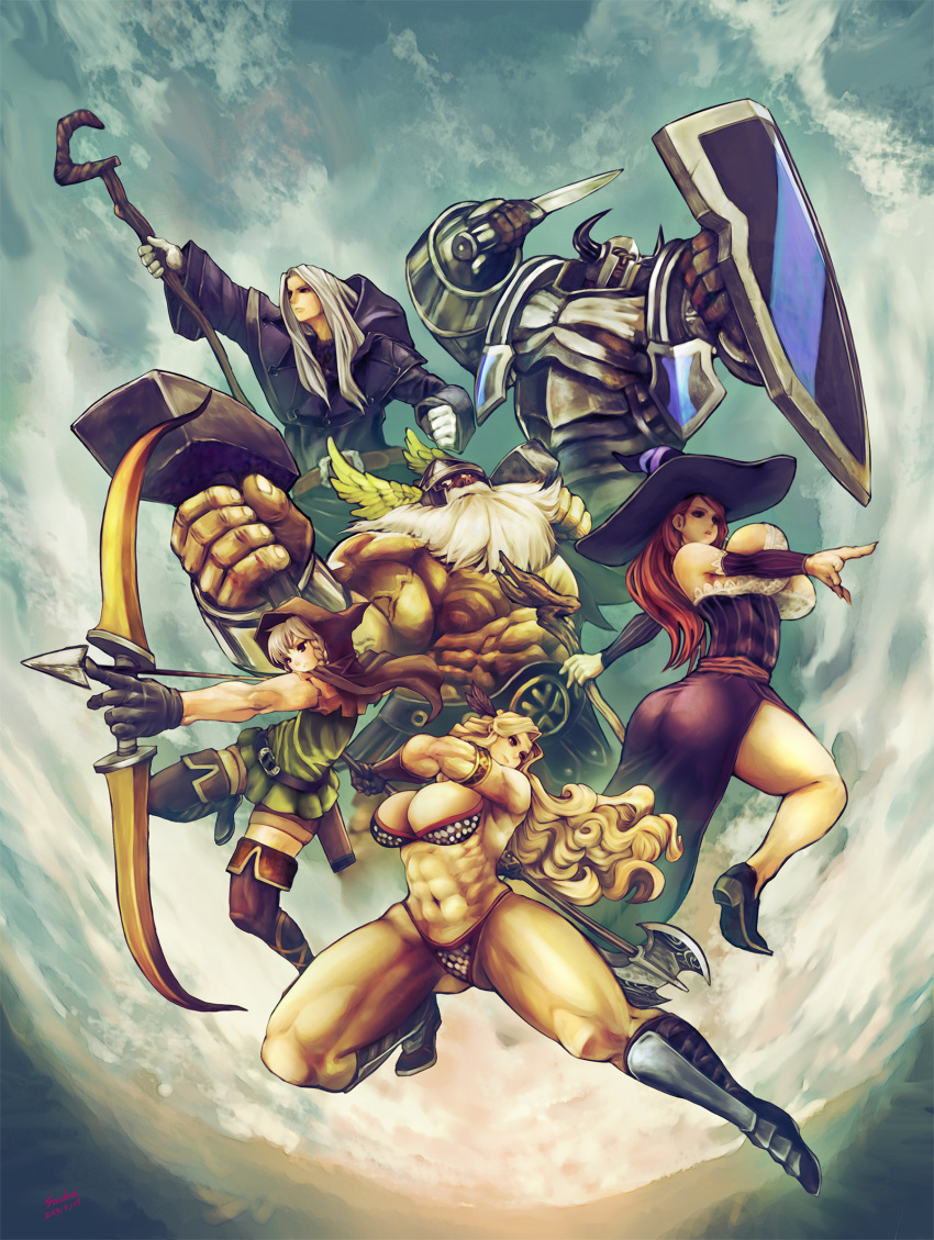 3boys 3girls amazon_(dragon's_crown) boots breasts cleavage dragon's_crown dwarf_(dragon's_crown) elf_(dragon's_crown) fighter_(dragon's_crown) gloves hammer highres large_breasts midair moon multiple_boys multiple_girls muscle shield socha_(pixiv99744) sorceress_(dragon's_crown) staff sword thick_thighs thighs weapon wizard_(dragon's_crown)