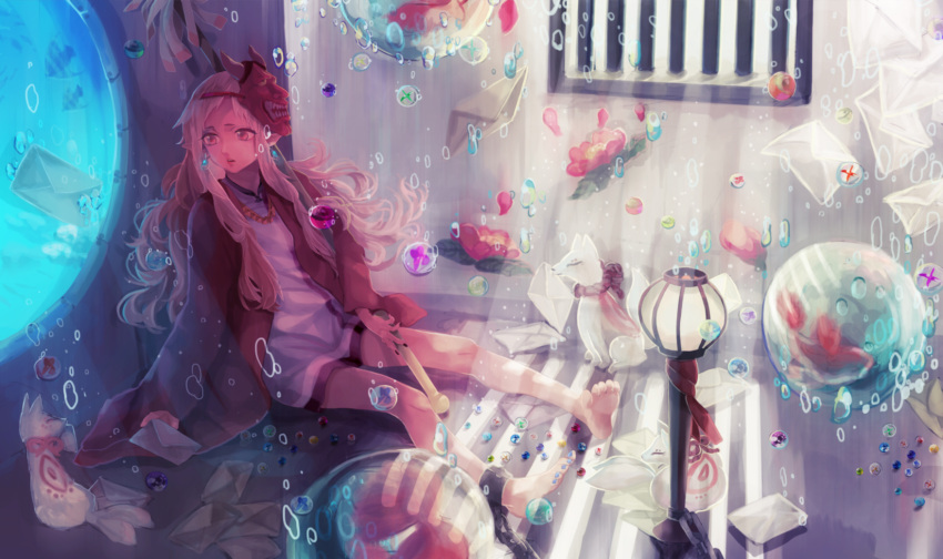 1girl barefoot bubble chain earrings envelope fish flower fox highres jewelry long_hair marble mask mop oni_mask original pink_eyes pink_hair shiroxx0094 solo tagme underwater