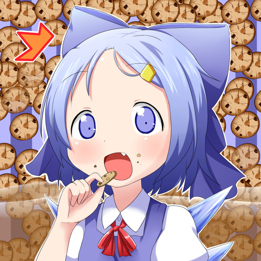 /\/\/\ 1girl blue_dress blue_eyes blue_hair blush bow bust cirno cookie cookie_clicker crumbs dress eating fang food food_on_face forehead hair_bow hair_ornament hairclip hairpin highres ice ice_wings looking_at_viewer makuran open_mouth ribbon short_hair smile solo surprised touhou wings