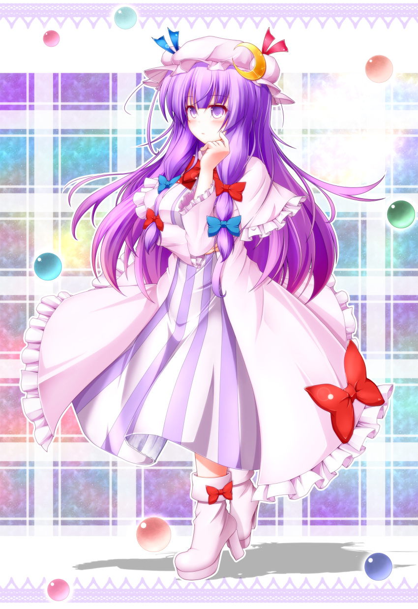 1girl absurdres aka_tawashi ball blush boots bow crescent frills hair_bow hat highres long_hair mob_cap patchouli_knowledge purple_hair robe shadow solo touhou very_long_hair violet_eyes