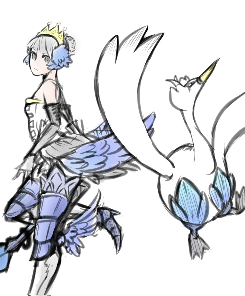 1girl ankle_wings armor bare_shoulders crossover crown drawfag elbow_gloves faulds feathers gloves grey_eyes gwendolyn hair_feathers high_heels highres odin_sphere pokemon pokemon_(creature) short_hair silver_hair swanna